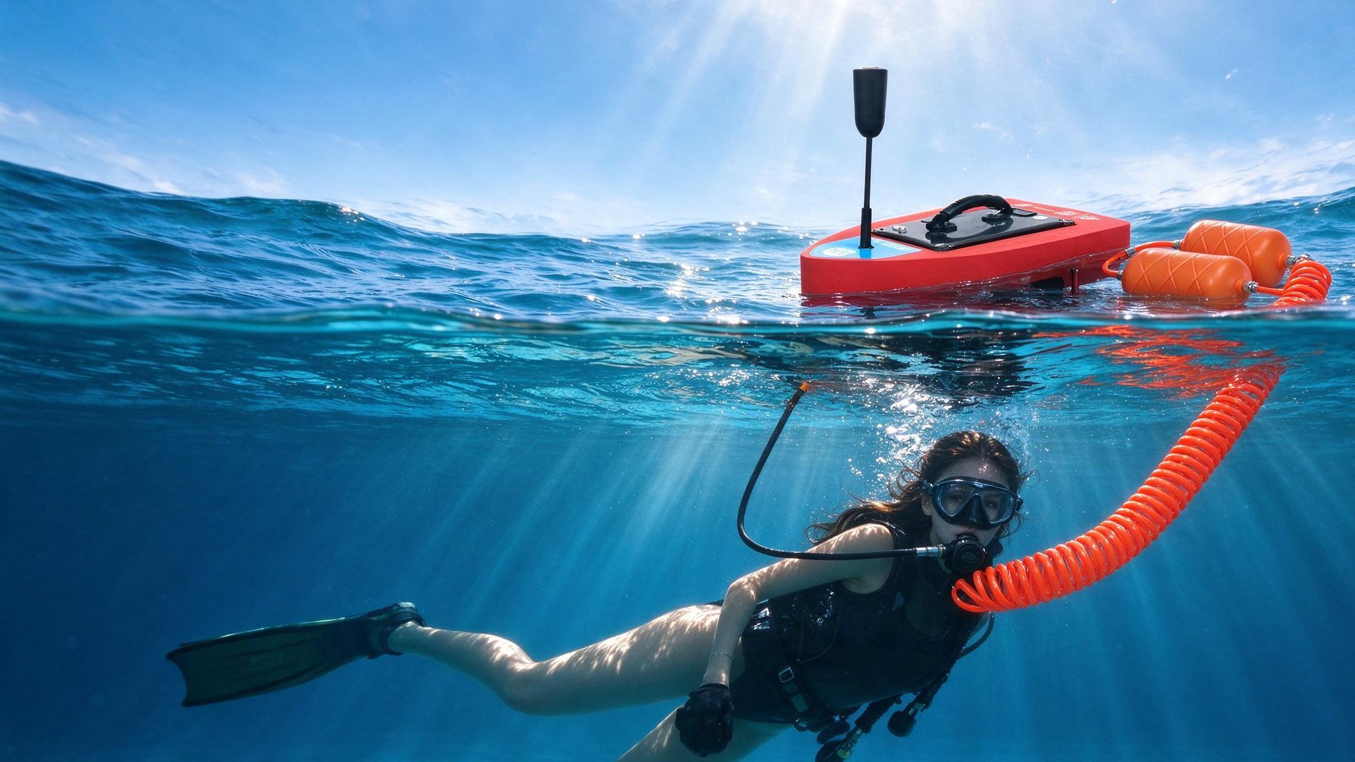 Diver breathing from a WOLACH tankless hookah system floating at the surface